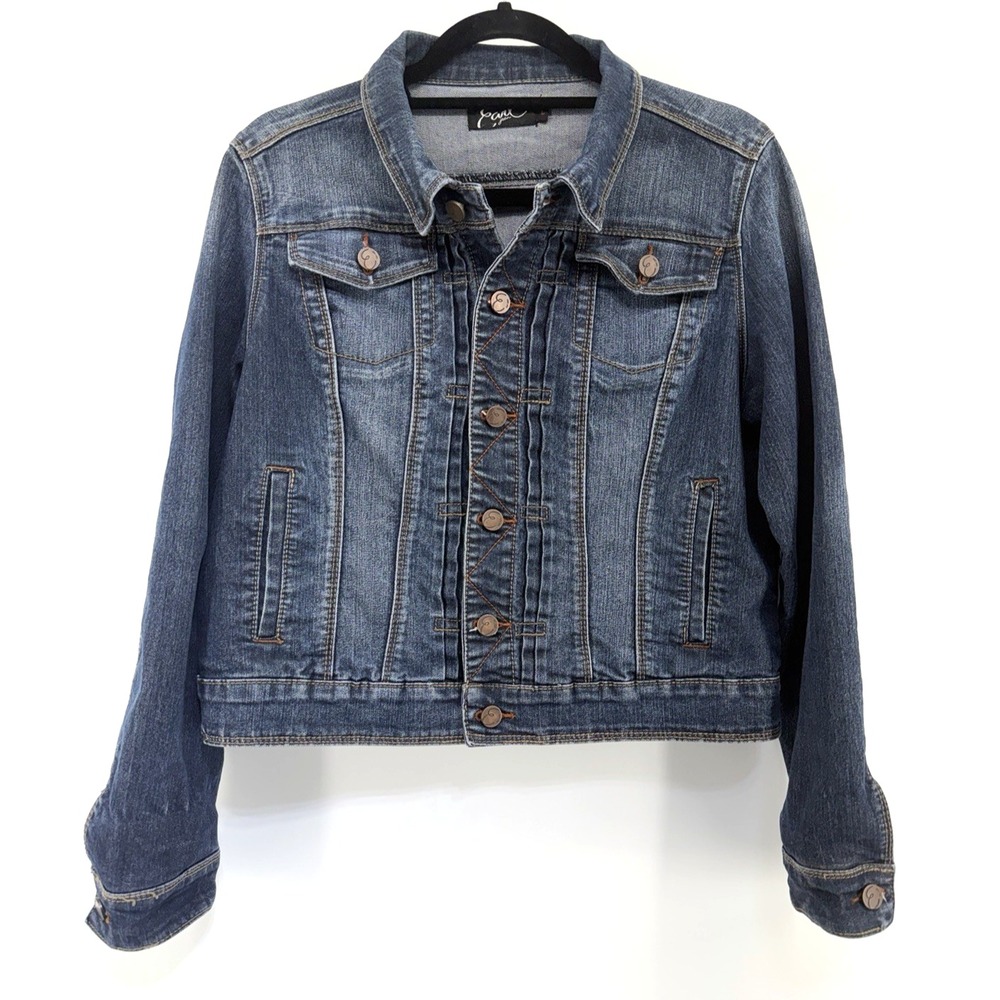 Earl Jean Jacket Dark Wash Blue Denim Trucker Biker Stretch Pockets Women L EUC